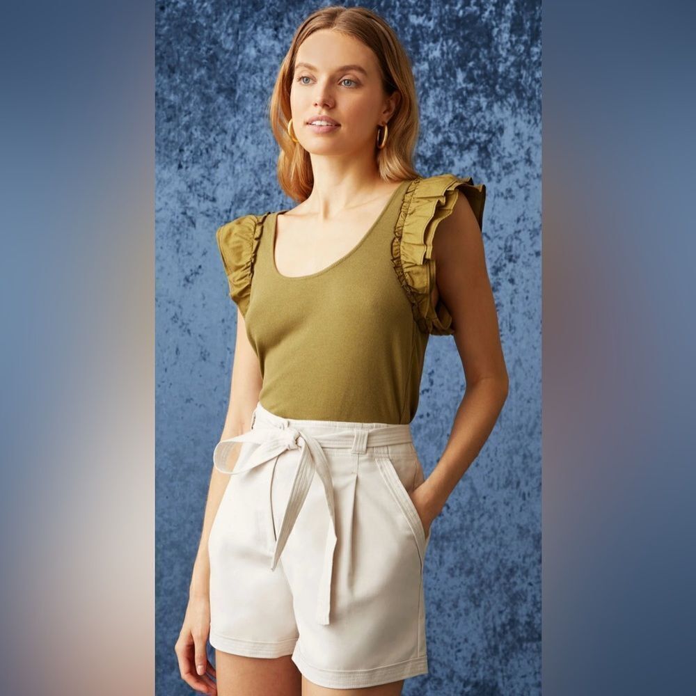 Marie Oliver Anna Top Moss Green Ruffle Sleeve Size XS